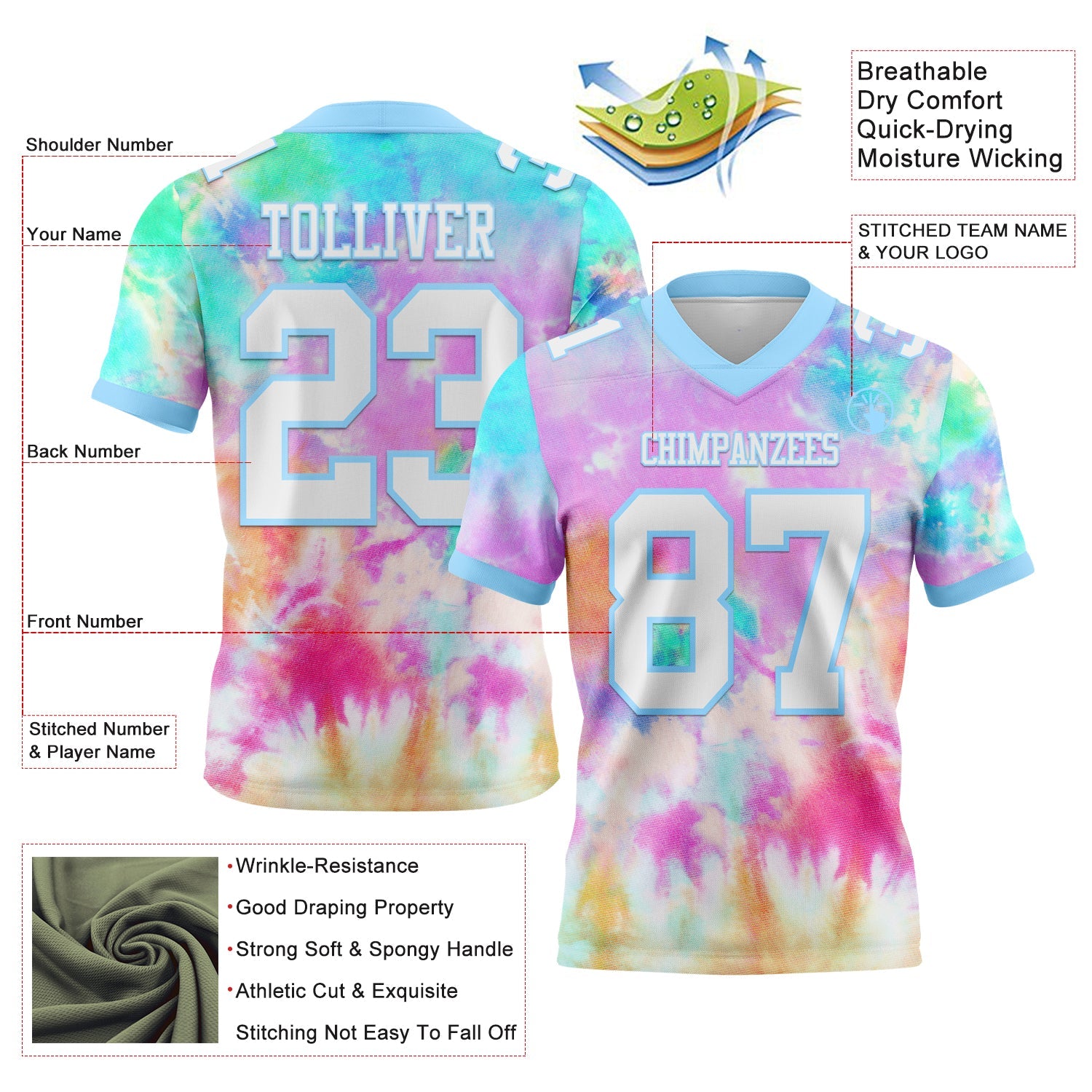 Custom Tie Dye White-Light Blue 3D Pattern Rainbow Authentic Football Jersey view 3