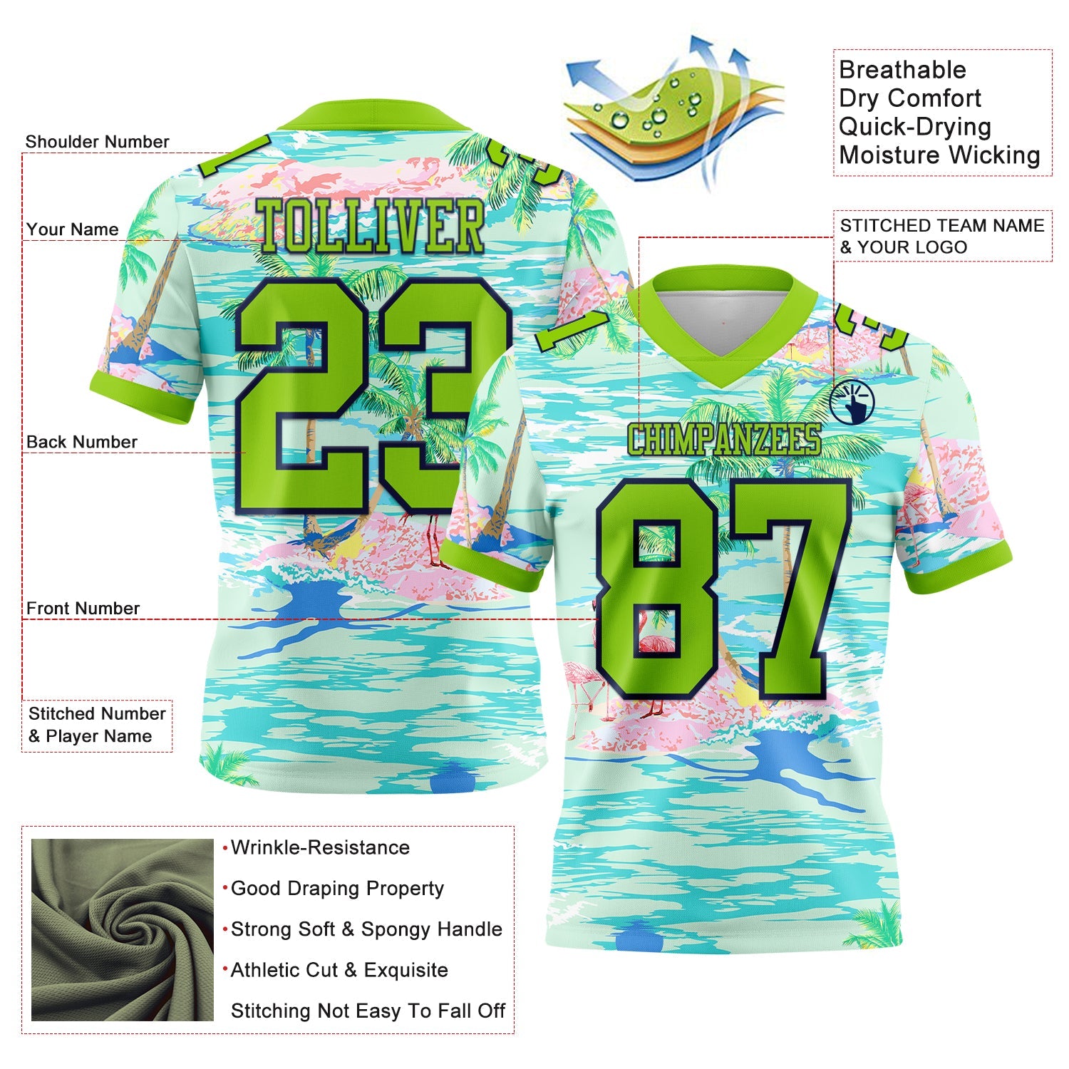 Custom Lakes Blue Neon Green-Navy 3D Pattern Beach Hawaii Palm Trees And Flamingo Authentic Football Jersey view 3