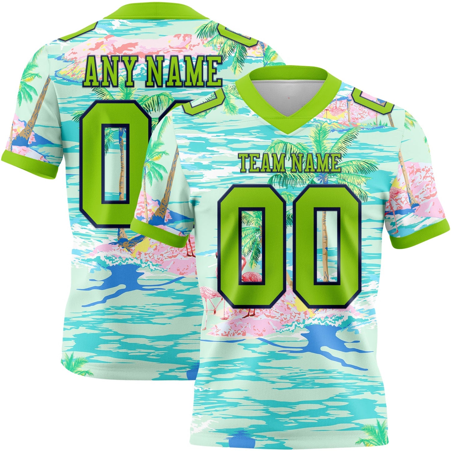 Custom Lakes Blue Neon Green-Navy 3D Pattern Beach Hawaii Palm Trees And Flamingo Authentic Football Jersey - Main View