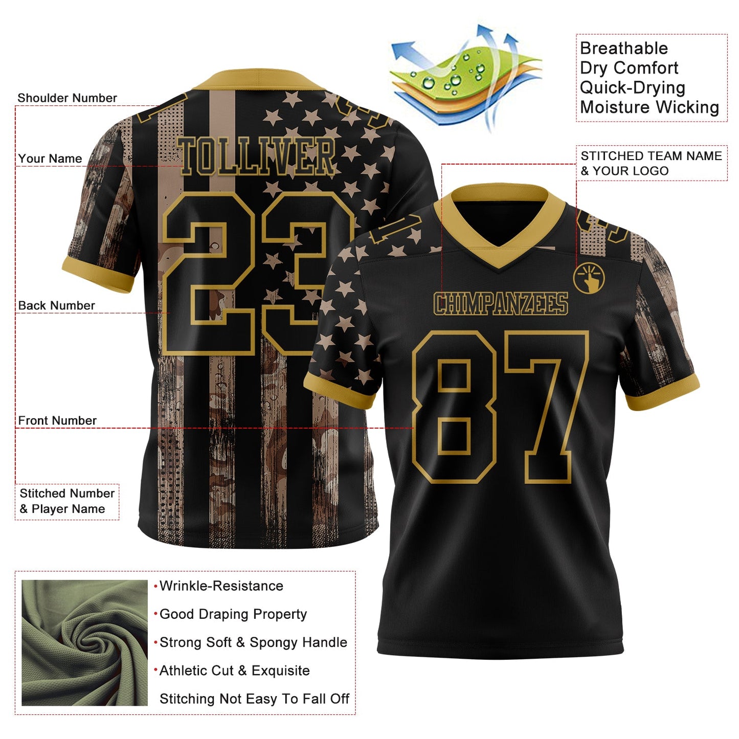 Custom Black Old Gold 3D Pattern American Flag Authentic Football Jersey view 3