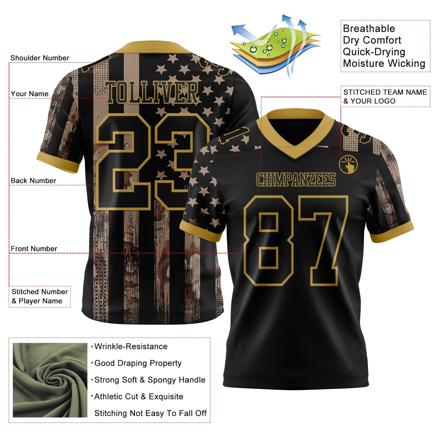 Custom Black Old Gold 3D Pattern American Flag Authentic Football Jersey view 3