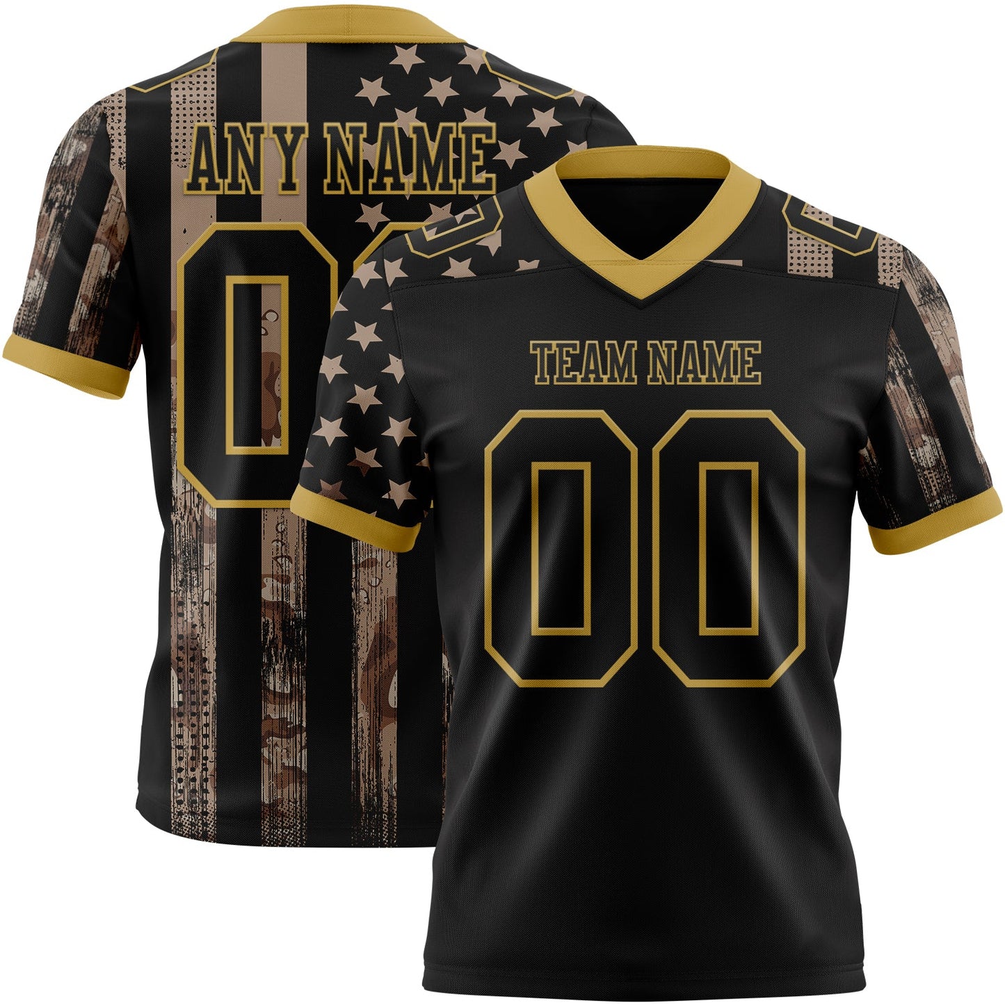 Custom Black Old Gold 3D Pattern American Flag Authentic Football Jersey - Main View