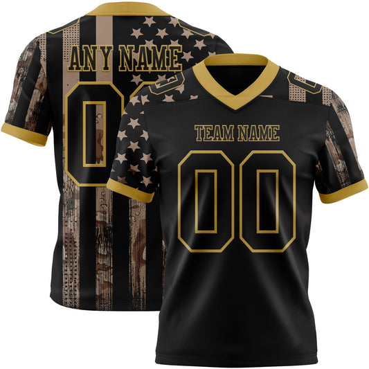Custom Black Old Gold 3D Pattern American Flag Authentic Football Jersey - Main View