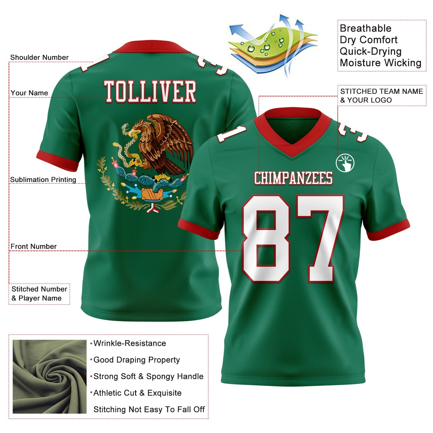 Custom Kelly Green White-Red 3D Pattern Mexico Authentic Football Jersey view 3