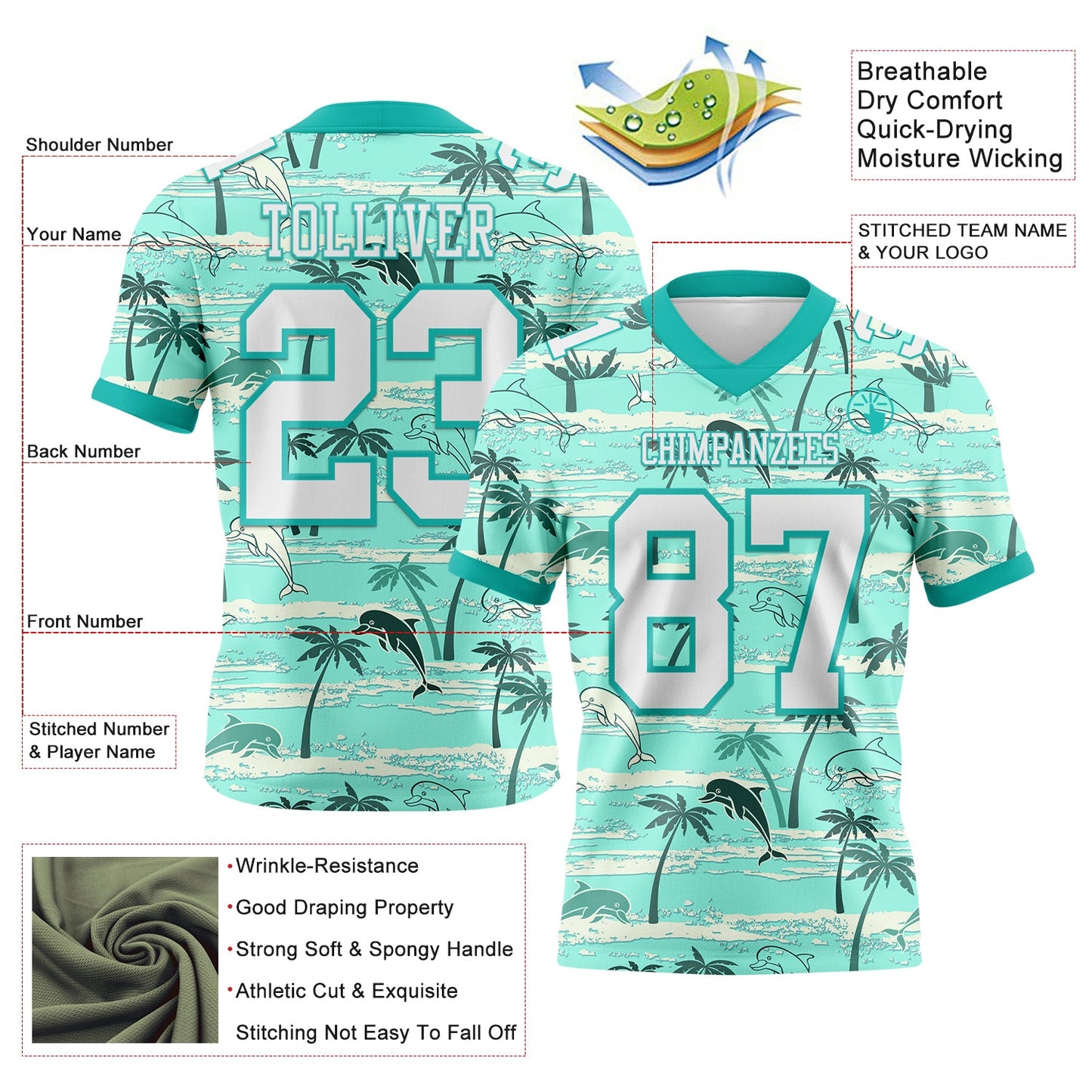Custom Aqua White 3D Pattern Hawaii Palm Trees Authentic Football Jersey view 3