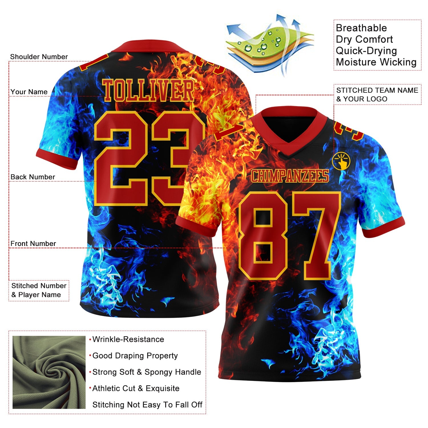 Custom Red Gold 3D Pattern Flame Authentic Football Jersey view 3