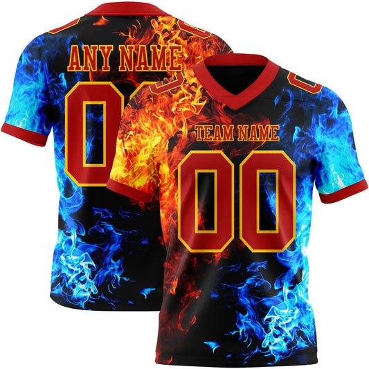 Custom Red Gold 3D Pattern Flame Authentic Football Jersey - Main View