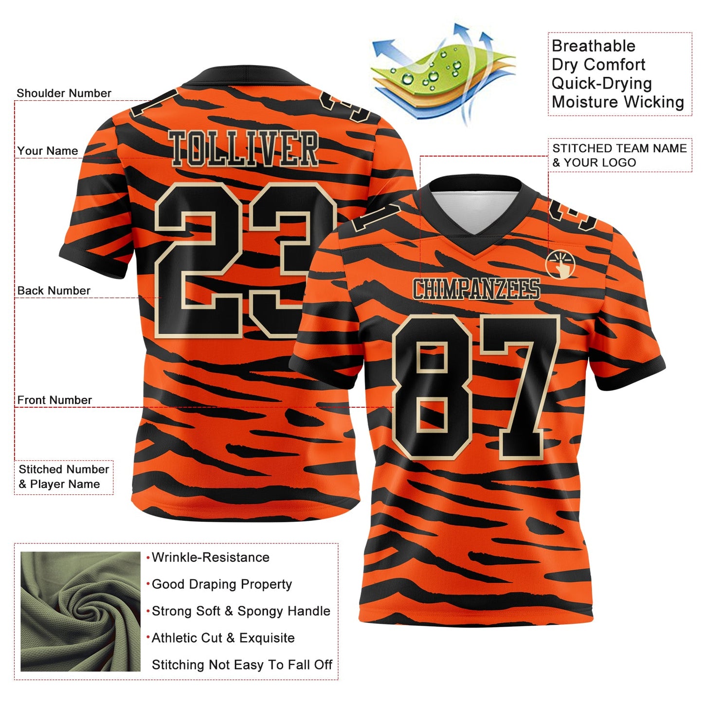 Custom Orange Black-Cream 3D Pattern Tiger Print Authentic Football Jersey view 3