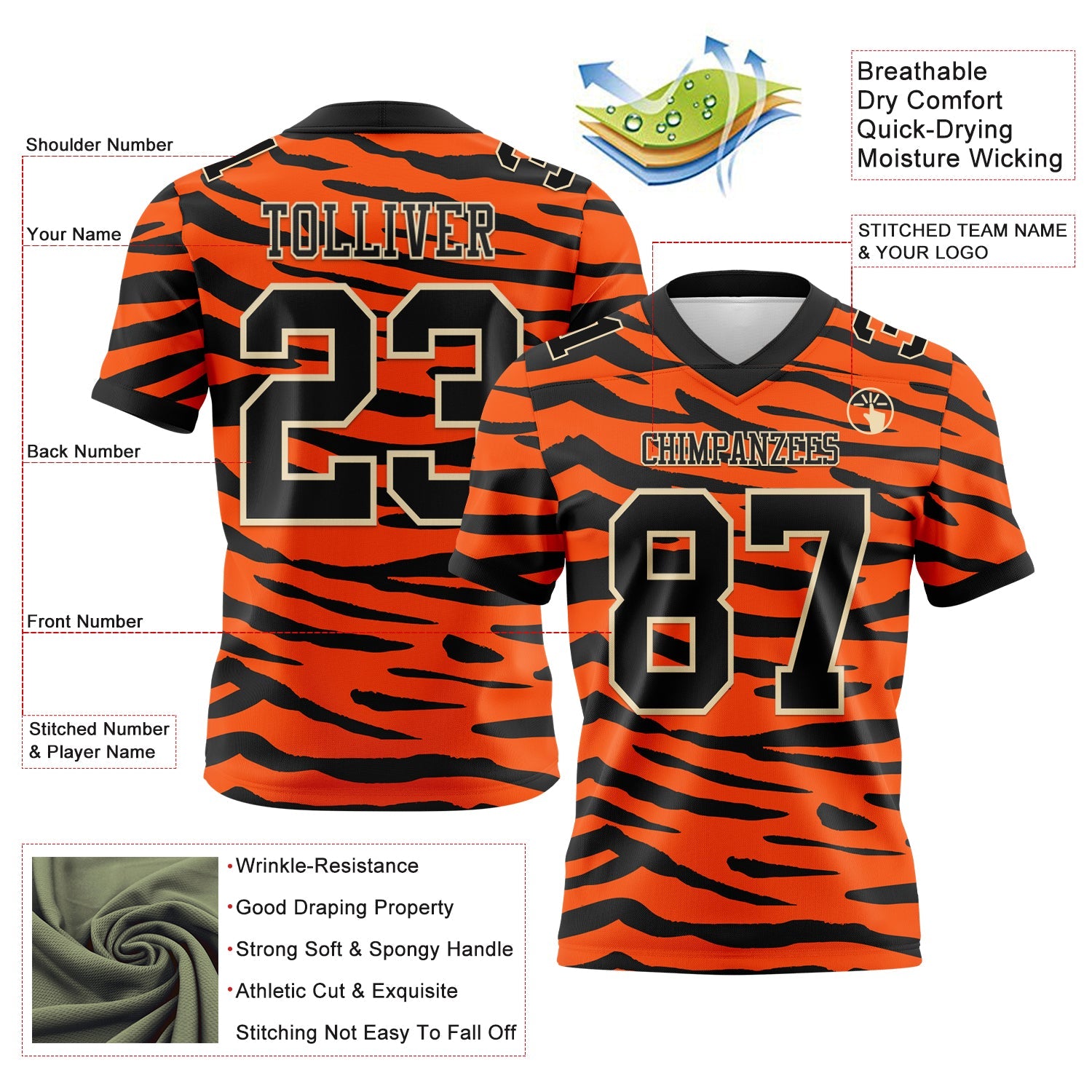 Custom Orange Black-Cream 3D Pattern Tiger Print Authentic Football Jersey view 3