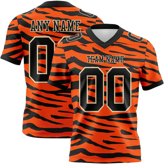 Custom Orange Black-Cream 3D Pattern Tiger Print Authentic Football Jersey - Main View