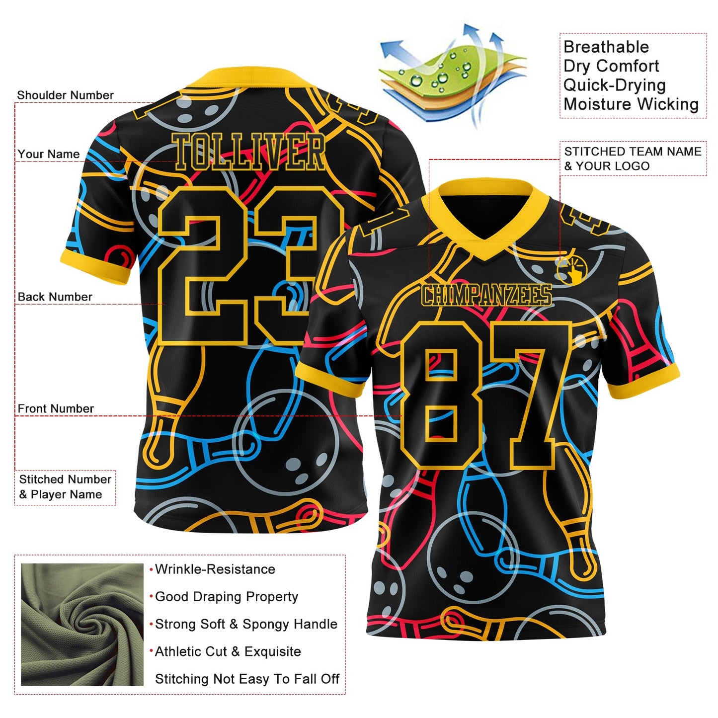 Custom Black Yellow 3D Pattern Bowling Authentic Football Jersey view 3