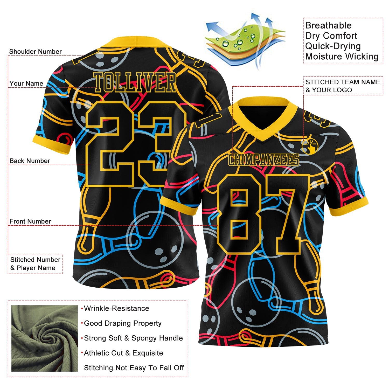 Custom Black Yellow 3D Pattern Bowling Authentic Football Jersey view 3