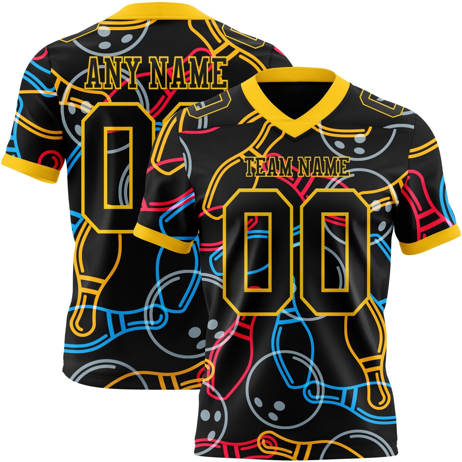 Custom Black Yellow 3D Pattern Bowling Authentic Football Jersey - Main View