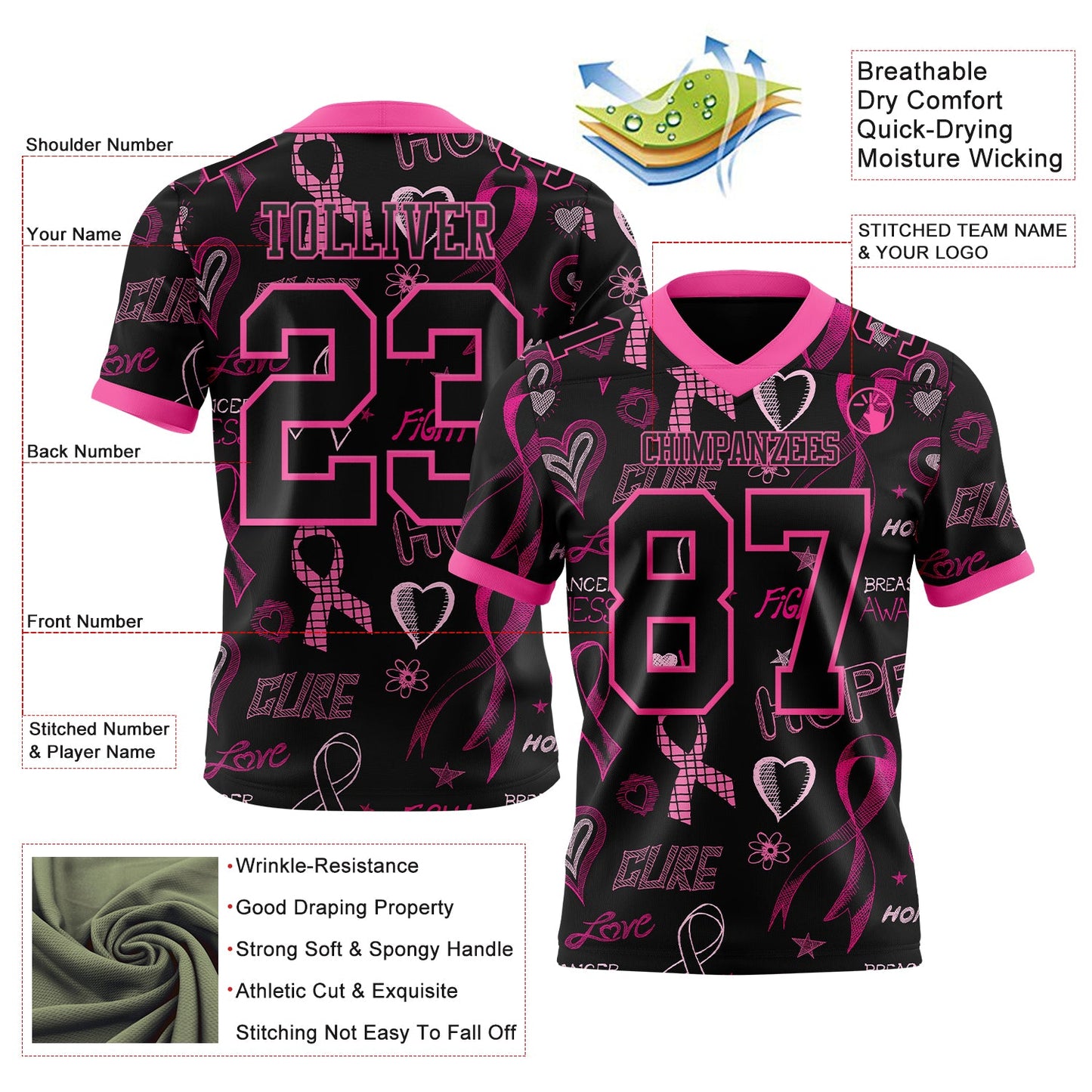 Custom Black Pink 3D Pattern Pink Ribbon Breast Cancer Awareness Month Women Health Care Support Authentic Football Jersey view 3