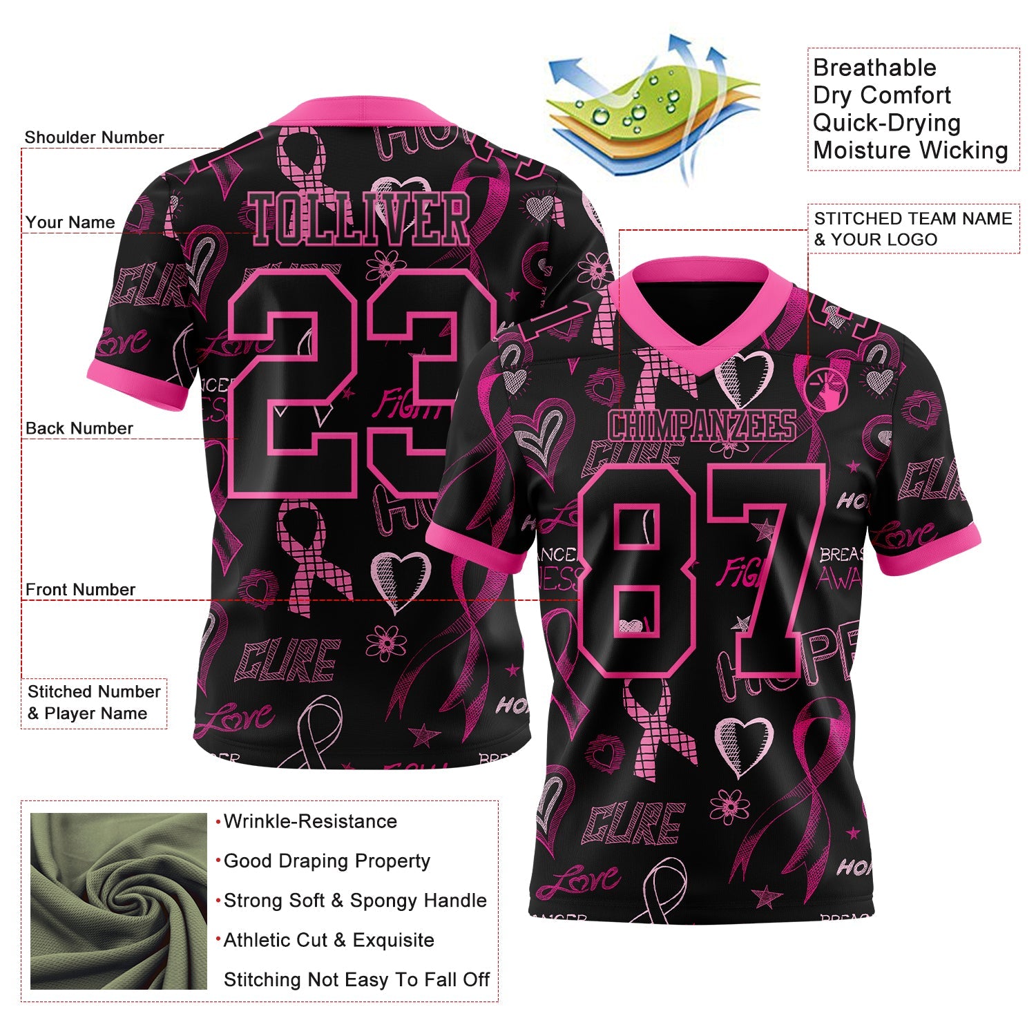 Custom Black Pink 3D Pattern Pink Ribbon Breast Cancer Awareness Month Women Health Care Support Authentic Football Jersey view 3