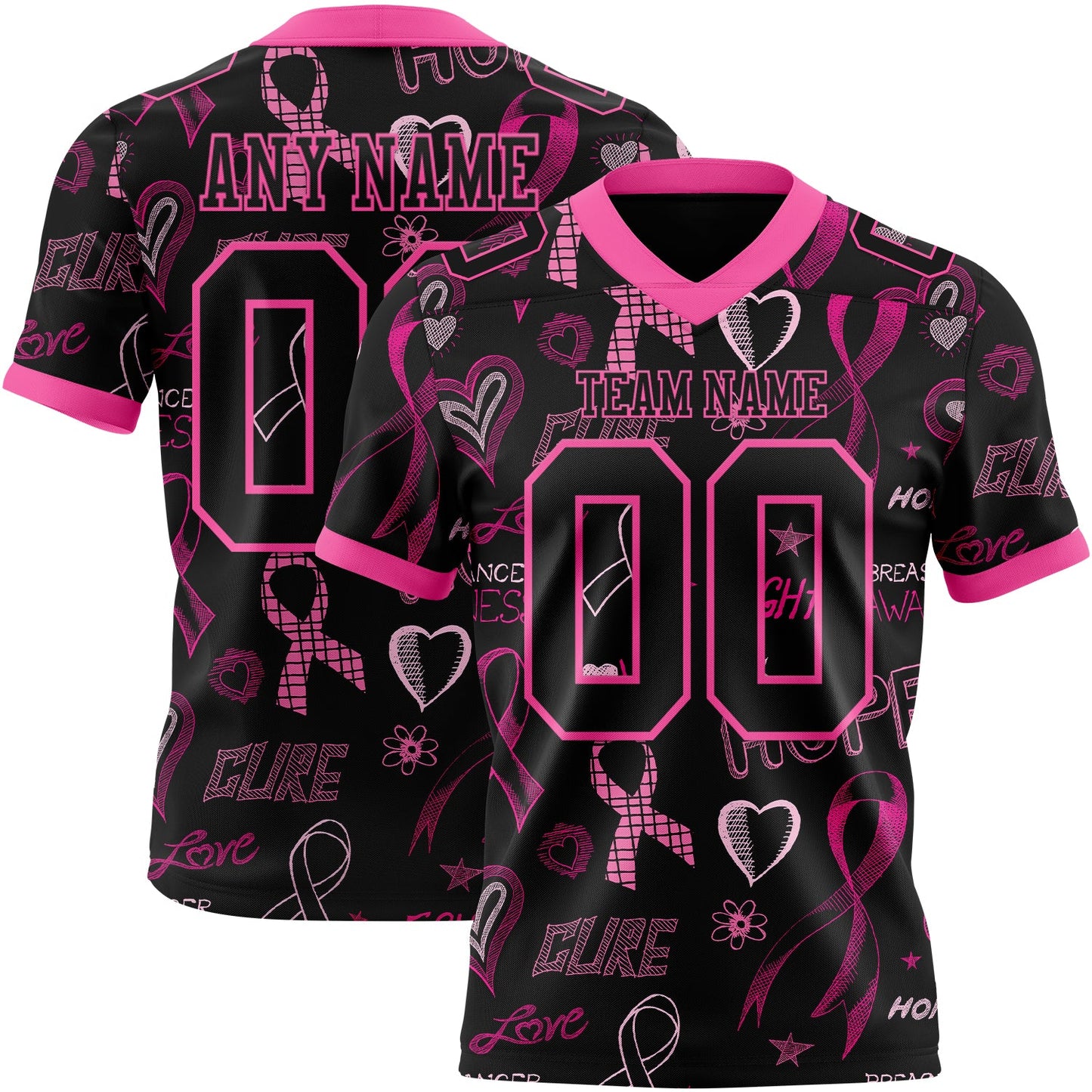 Custom Black Pink 3D Pattern Pink Ribbon Breast Cancer Awareness Month Women Health Care Support Authentic Football Jersey - Main View
