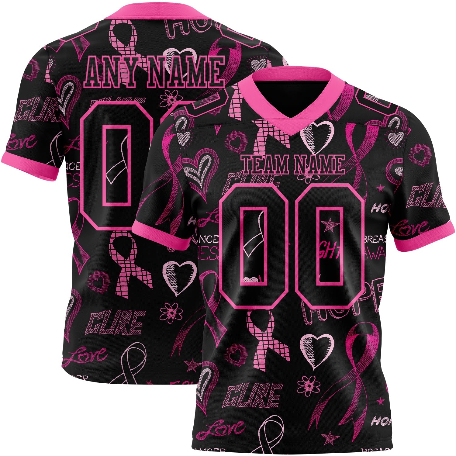 Custom Black Pink 3D Pattern Pink Ribbon Breast Cancer Awareness Month Women Health Care Support Authentic Football Jersey - Main View