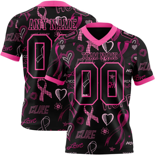 Custom Black Pink 3D Pattern Pink Ribbon Breast Cancer Awareness Month Women Health Care Support Authentic Football Jersey - Main View