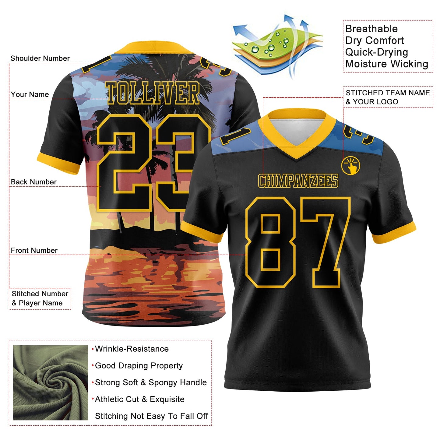 Custom Black Yellow 3D Pattern Tropical Hawaii Palm Trees Authentic Football Jersey view 3