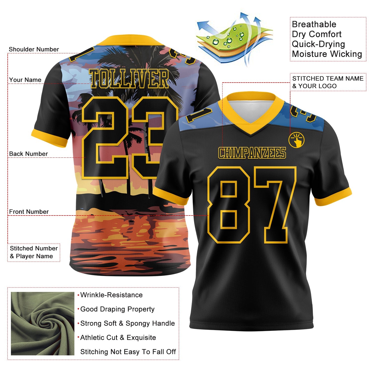 Custom Black Yellow 3D Pattern Tropical Hawaii Palm Trees Authentic Football Jersey view 3
