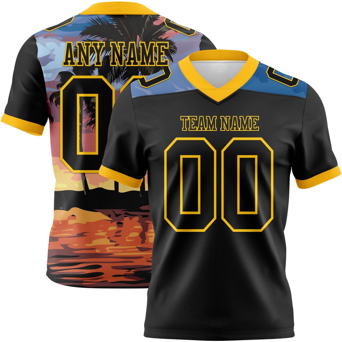 Custom Black Yellow 3D Pattern Tropical Hawaii Palm Trees Authentic Football Jersey - Main View