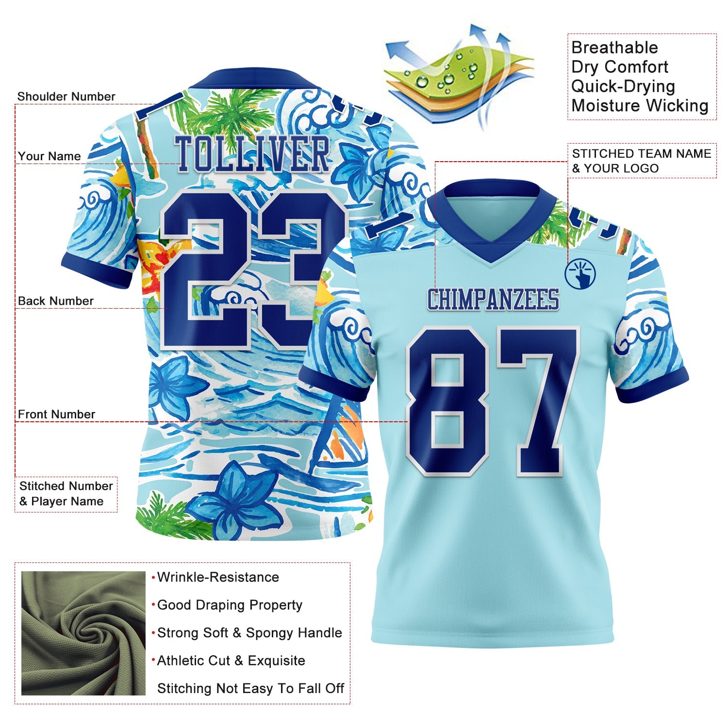 Custom Ice Blue Royal-White 3D Pattern Beach Hawaii Palm Trees And Flowers Authentic Football Jersey view 3