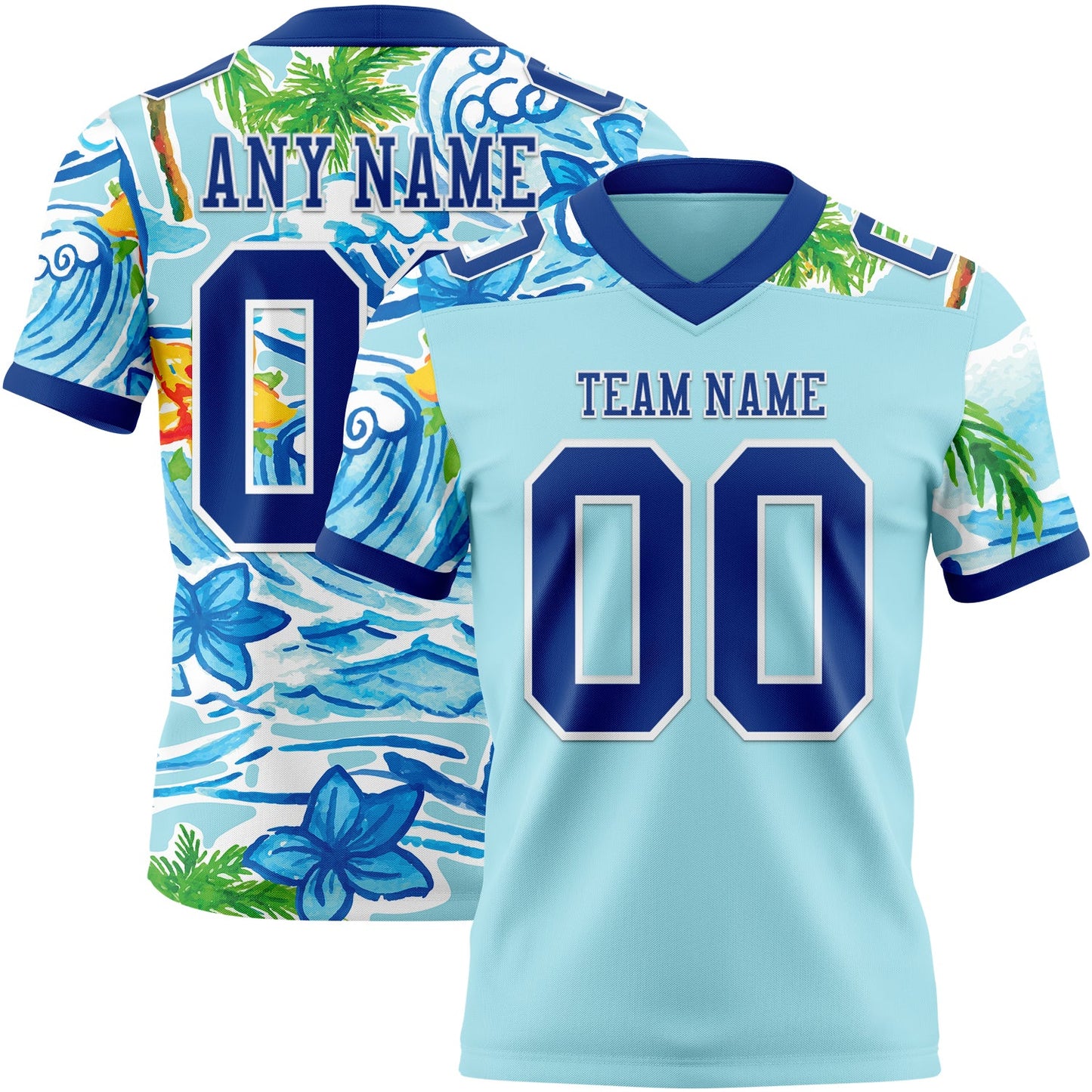 Custom Ice Blue Royal-White 3D Pattern Beach Hawaii Palm Trees And Flowers Authentic Football Jersey - Main View