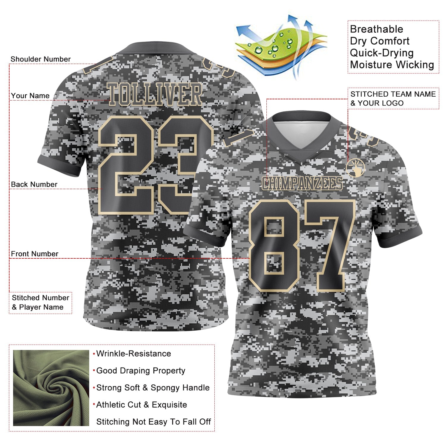 Custom Camo Steel Gray-Cream 3D Pattern Salute To Service Authentic Football Jersey view 3
