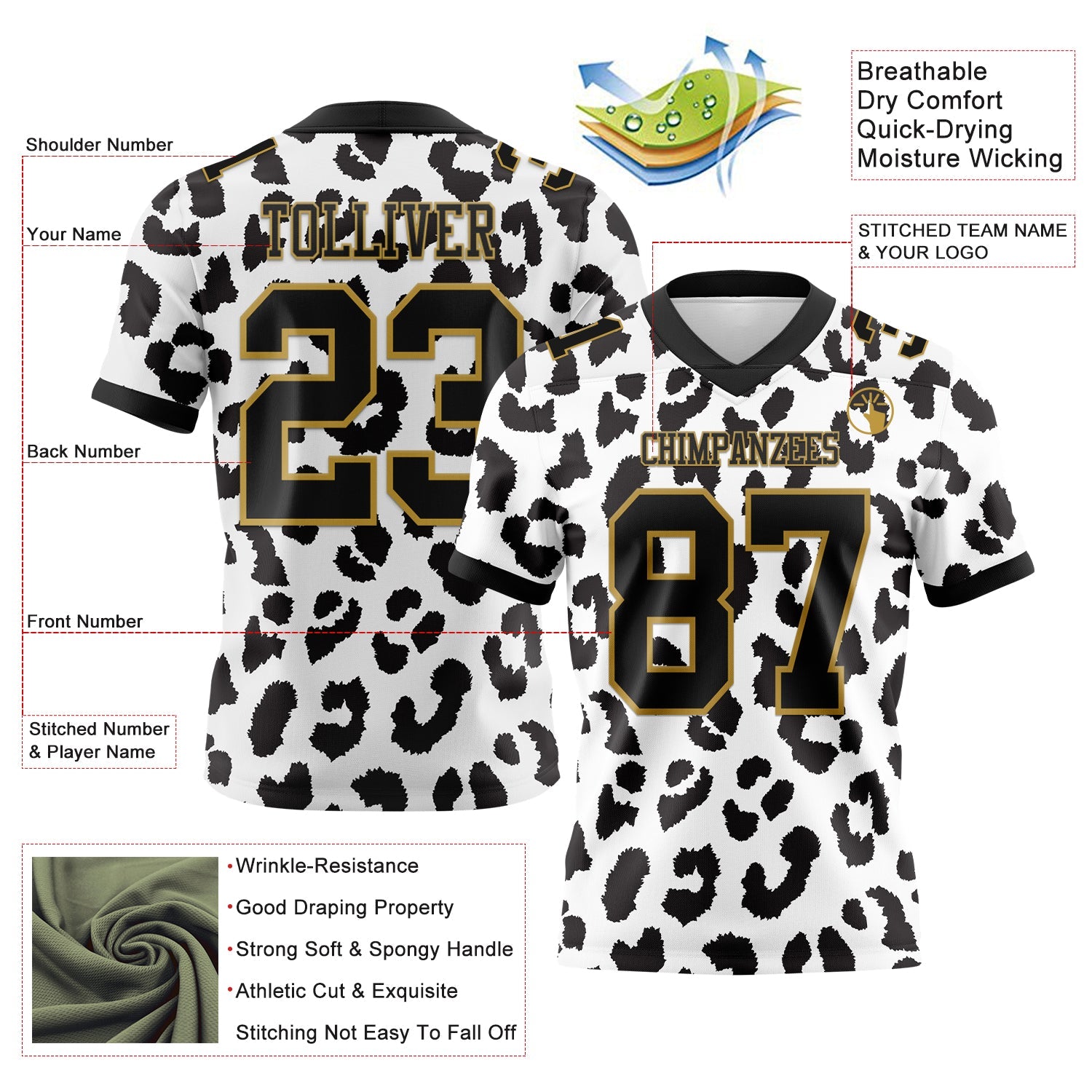 Custom White Black-Old Gold 3D Pattern Leopard Print Authentic Football Jersey view 3