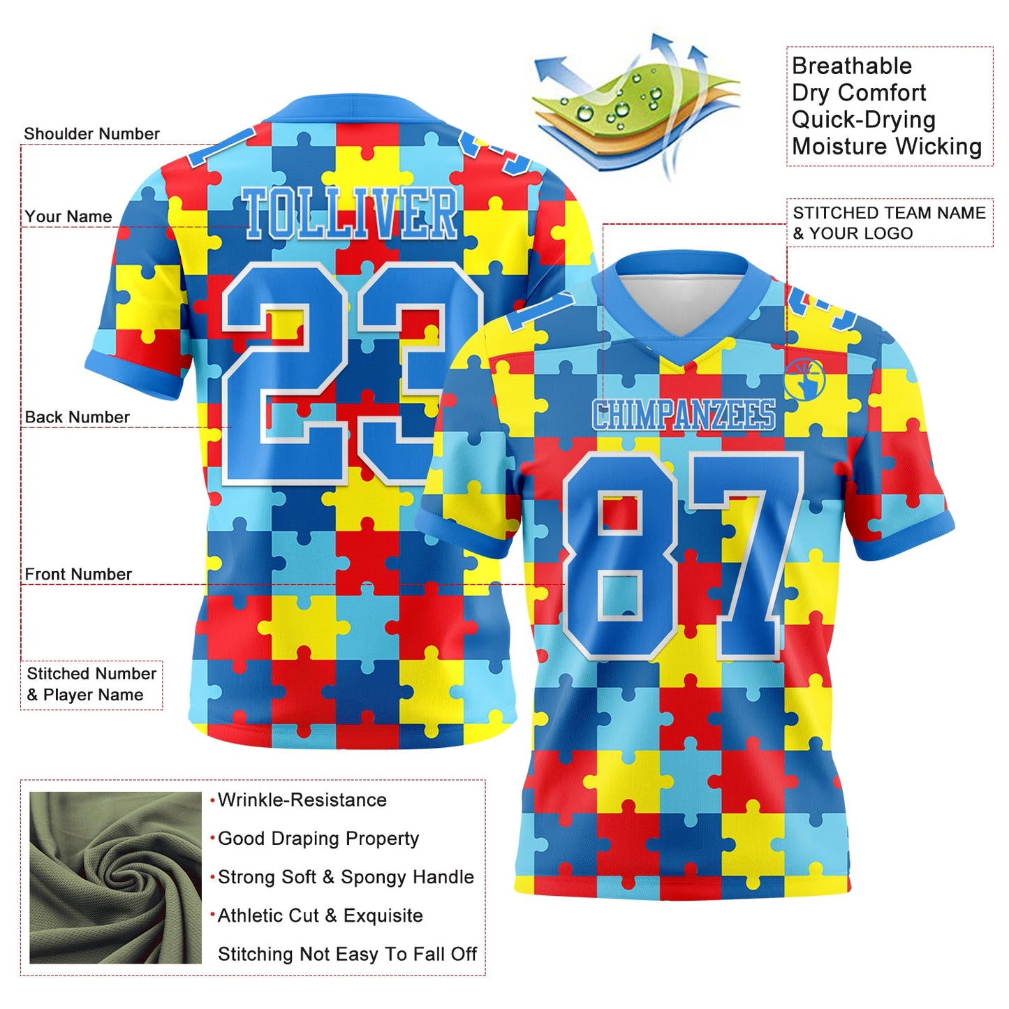 Custom Powder Blue White 3D Pattern Autism Supporter Awareness Puzzle Pieces Authentic Football Jersey view 3