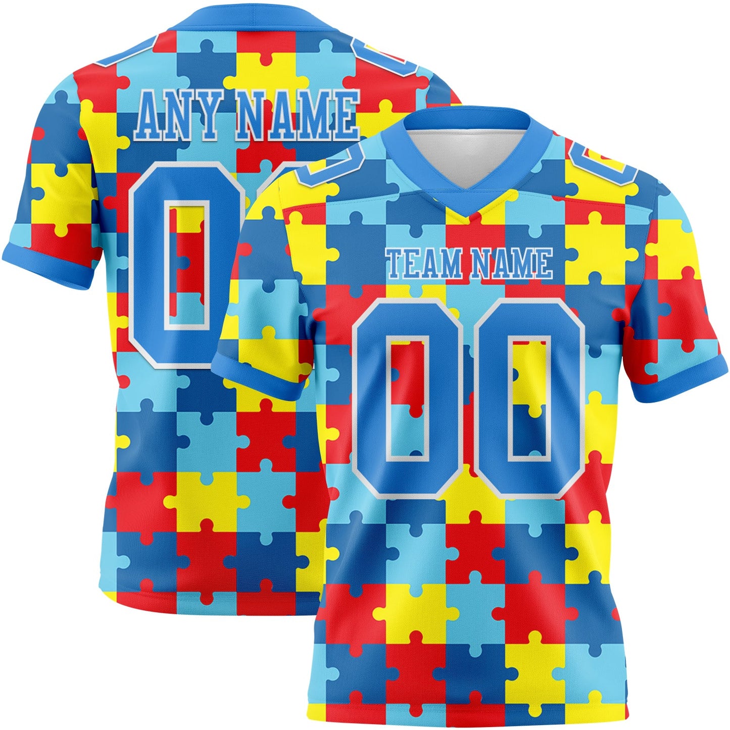 Custom Powder Blue White 3D Pattern Autism Supporter Awareness Puzzle Pieces Authentic Football Jersey - Main View