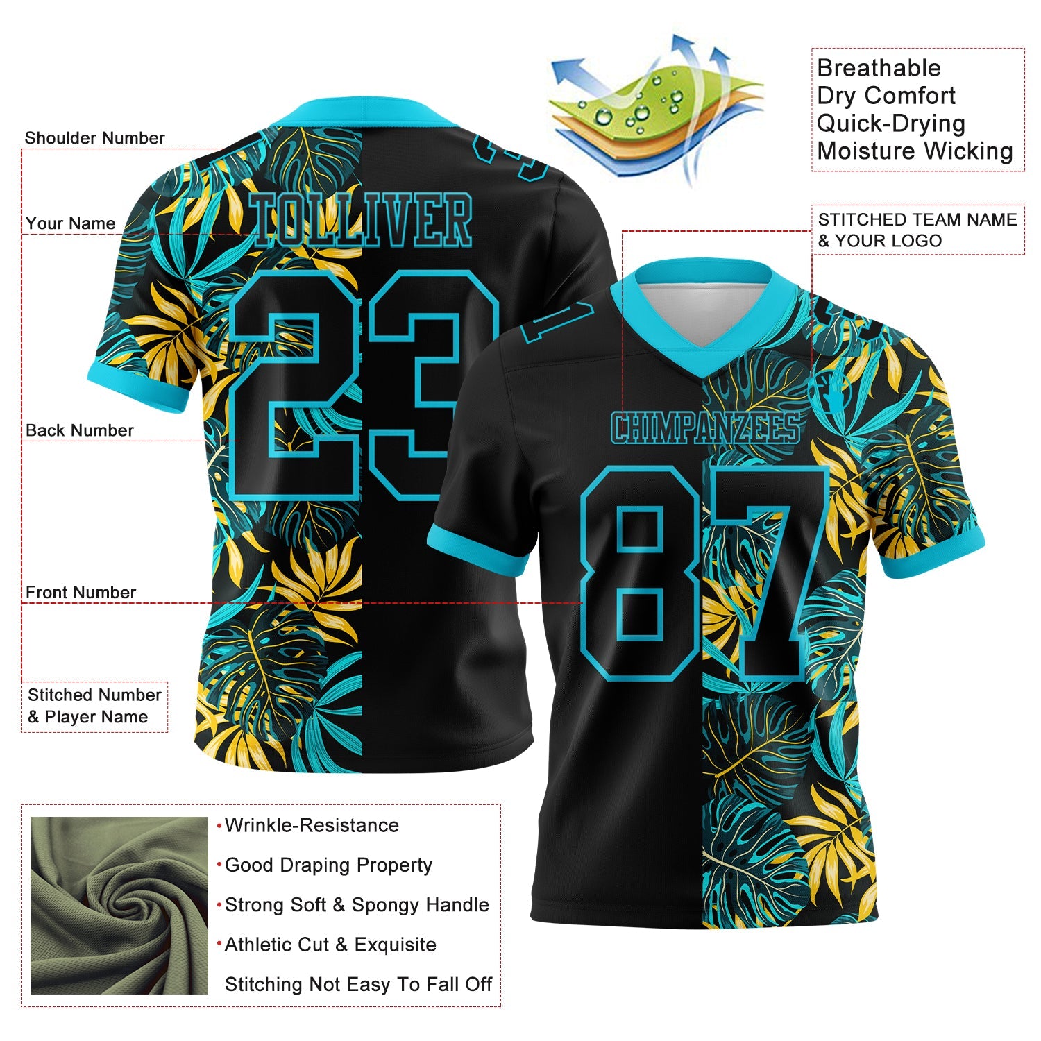 Custom Black Lakes Blue 3D Pattern Beach Tropical Hawaii Palm Leaves Authentic Football Jersey view 3