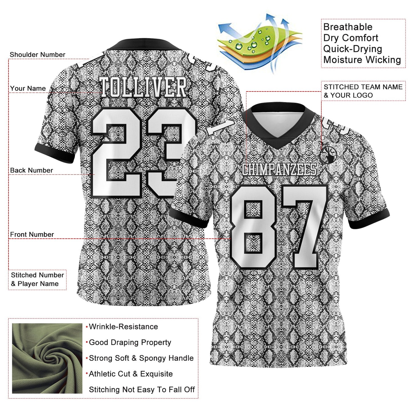 Custom White Black 3D Pattern Snakeskin Print Authentic Football Jersey view 3