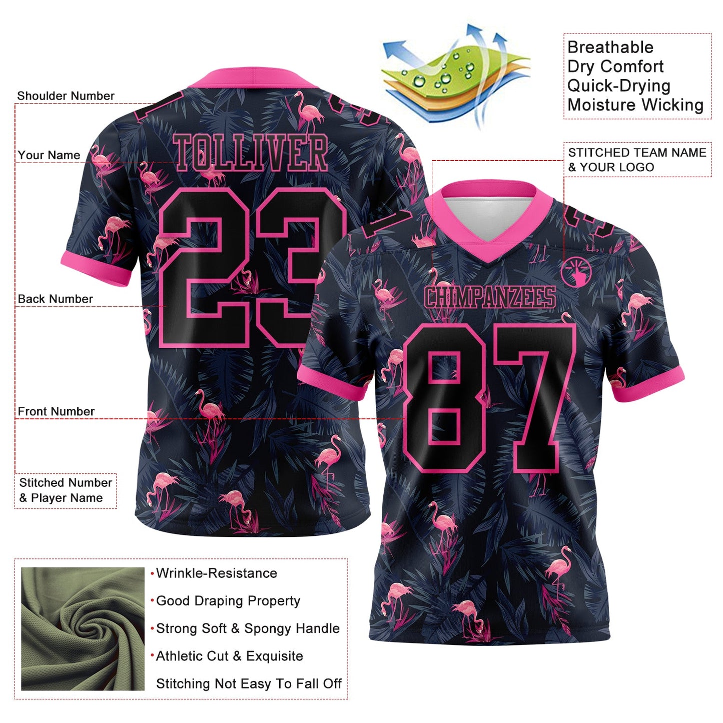 Custom Black Pink 3D Pattern Flamingo Authentic Football Jersey view 3