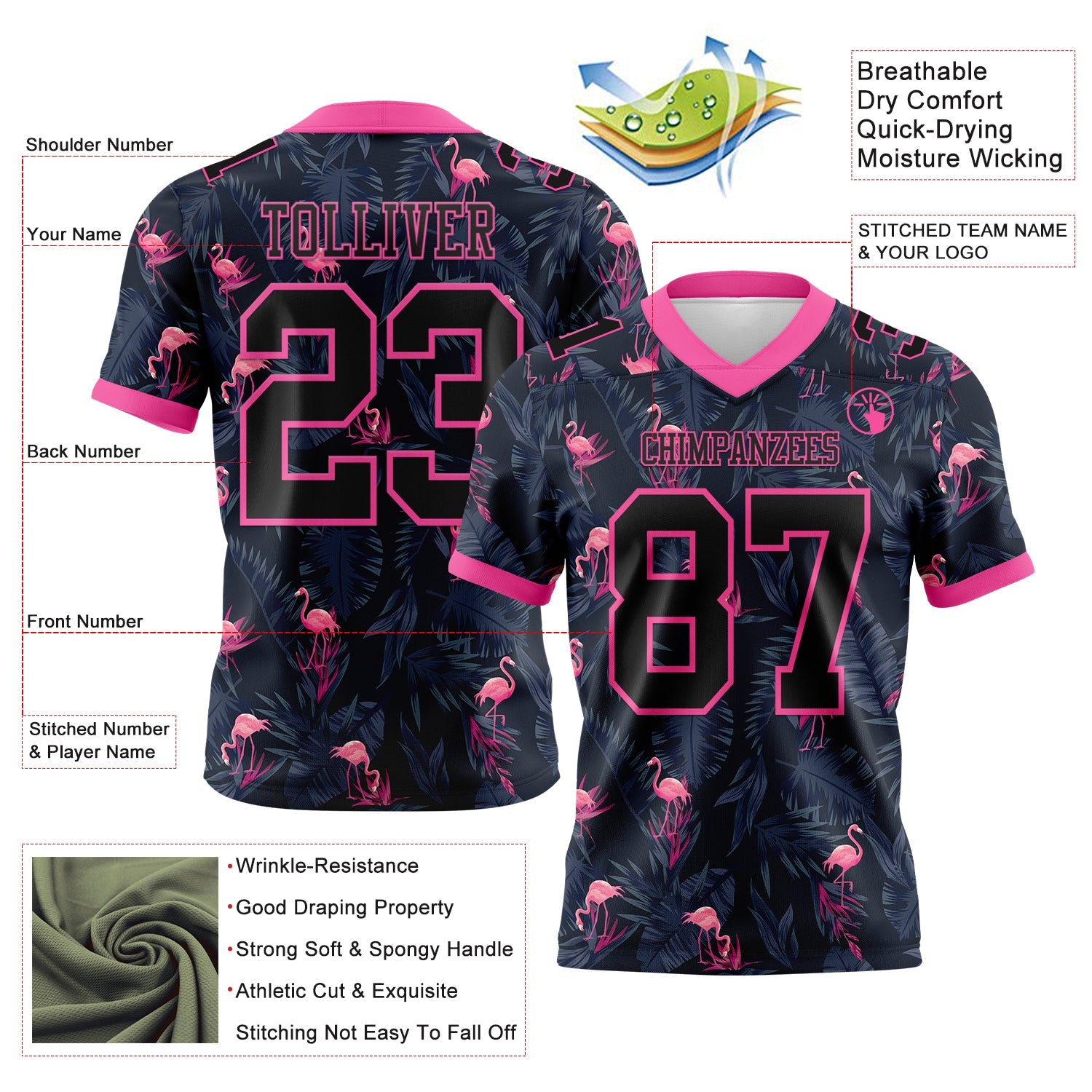 Custom Black Pink 3D Pattern Flamingo Authentic Football Jersey view 3