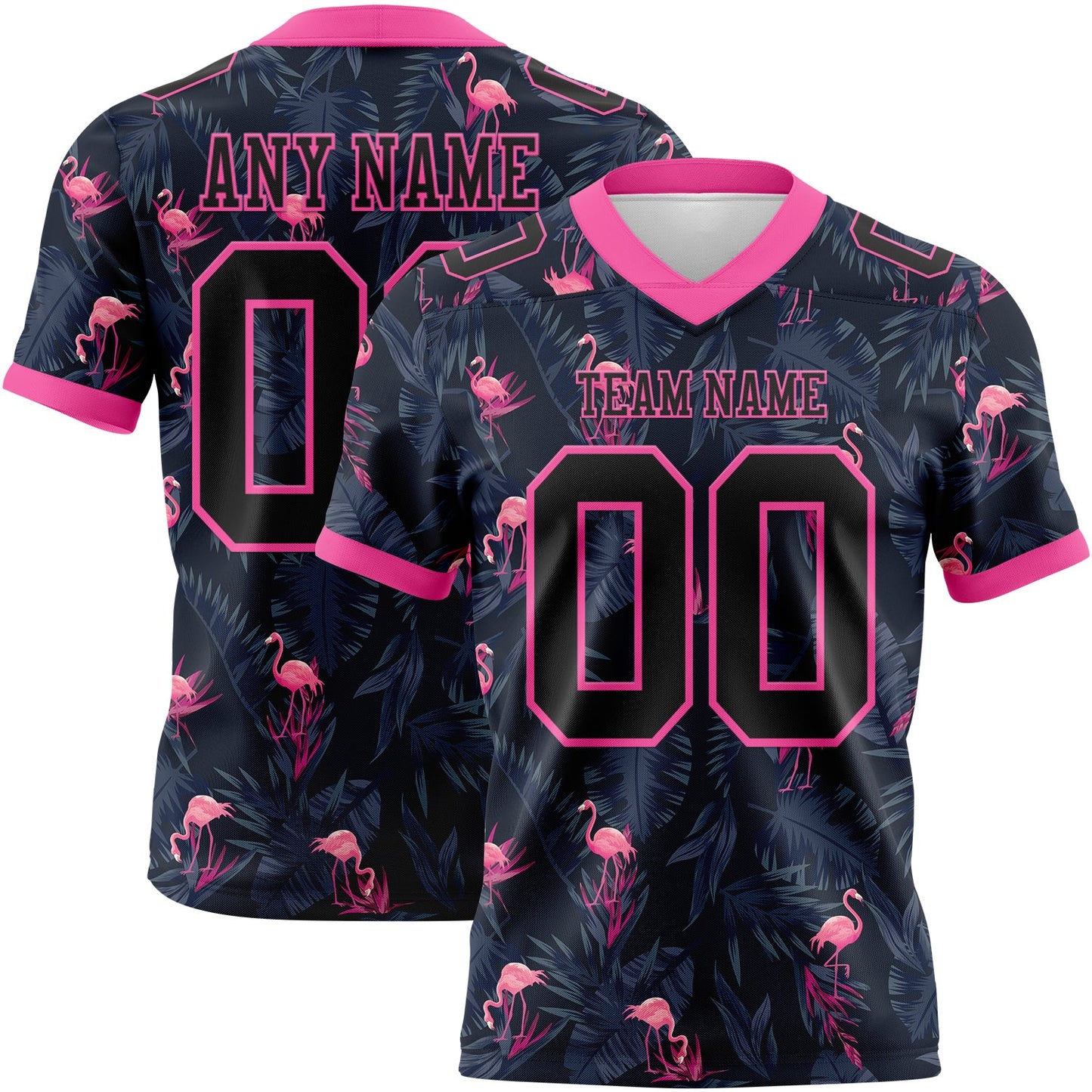 Custom Black Pink 3D Pattern Flamingo Authentic Football Jersey - Main View