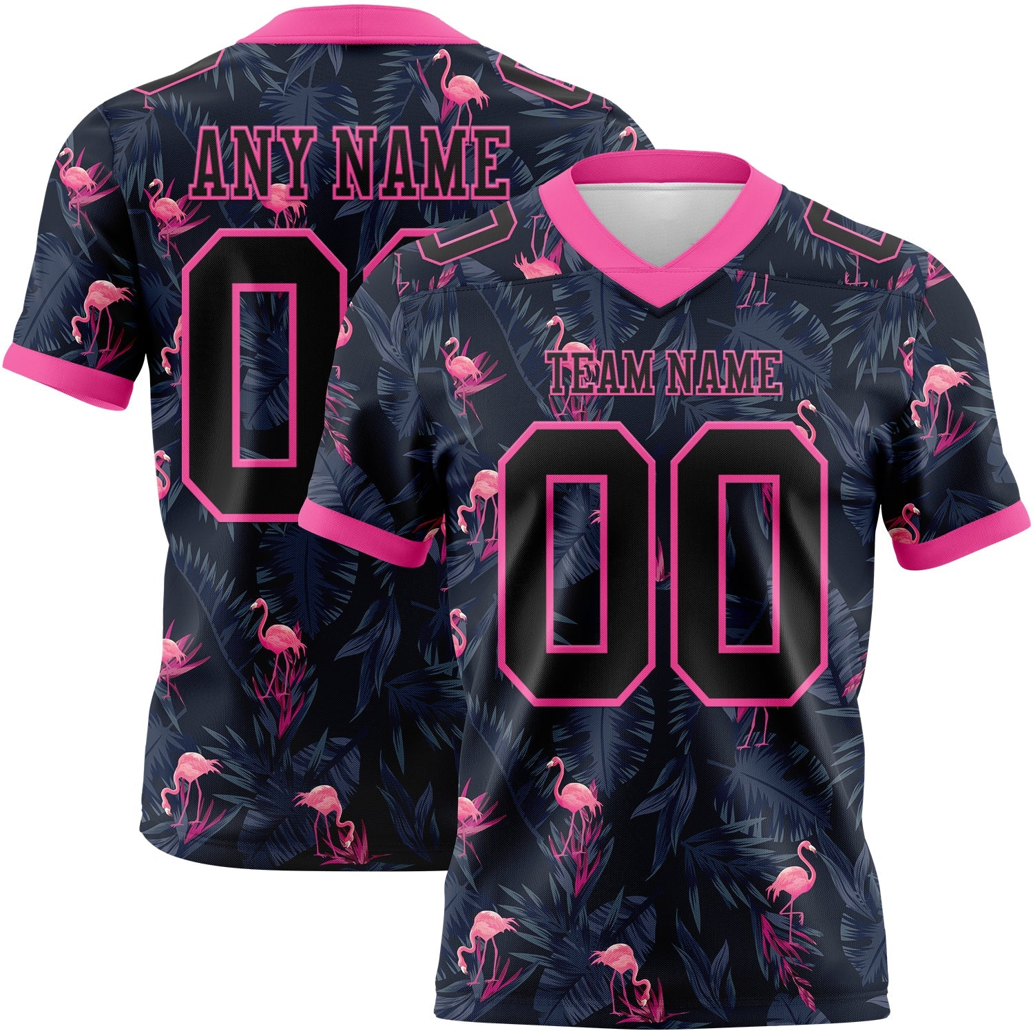 Custom Black Pink 3D Pattern Flamingo Authentic Football Jersey - Main View