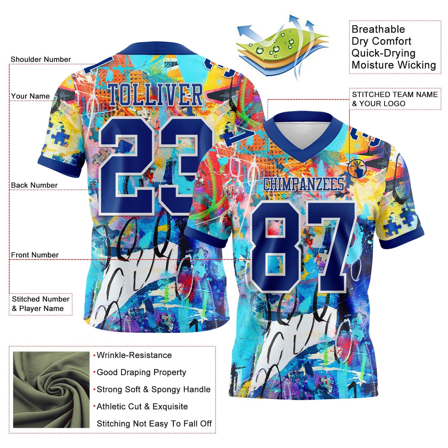 Custom Graffiti Pattern Royal-White 3D Pattern Authentic Football Jersey view 3