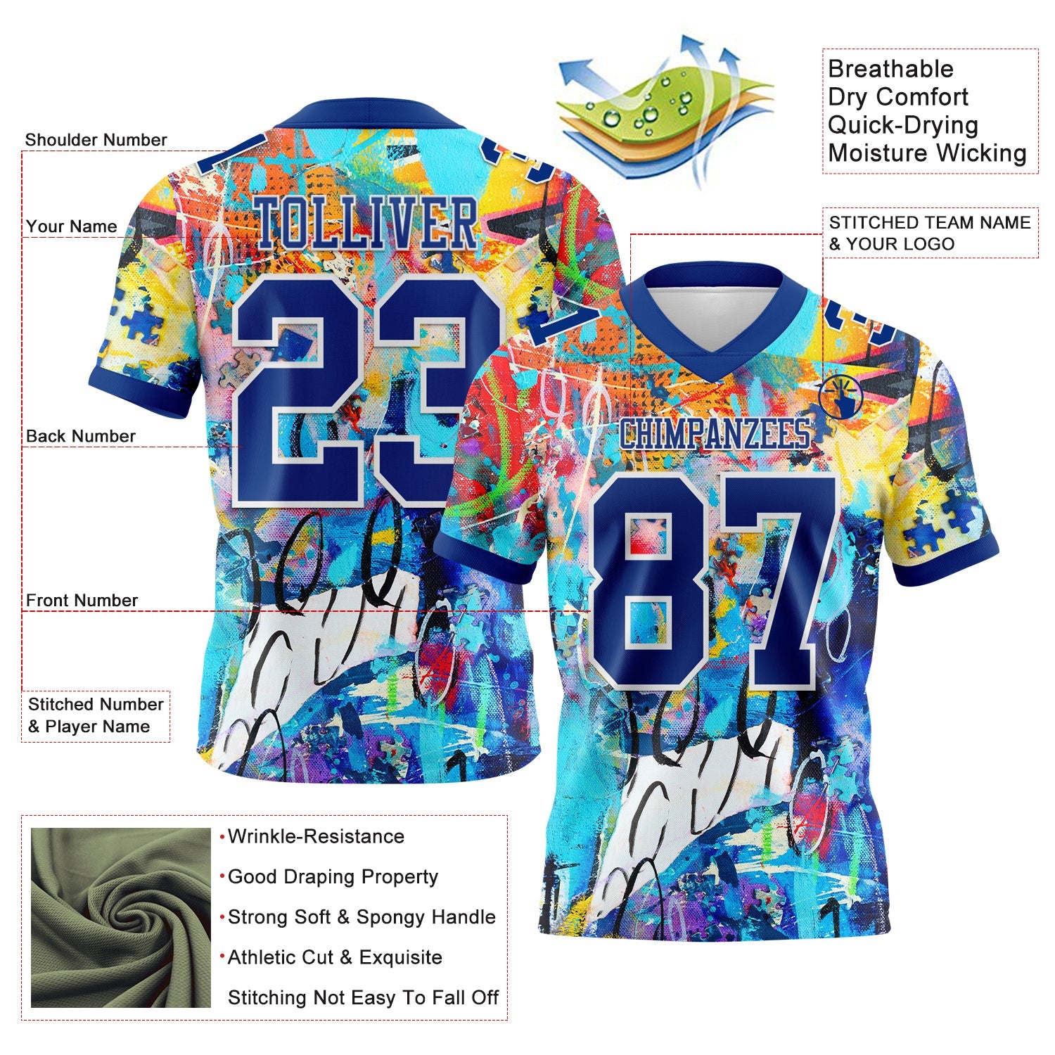 Custom Graffiti Pattern Royal-White 3D Pattern Authentic Football Jersey view 3