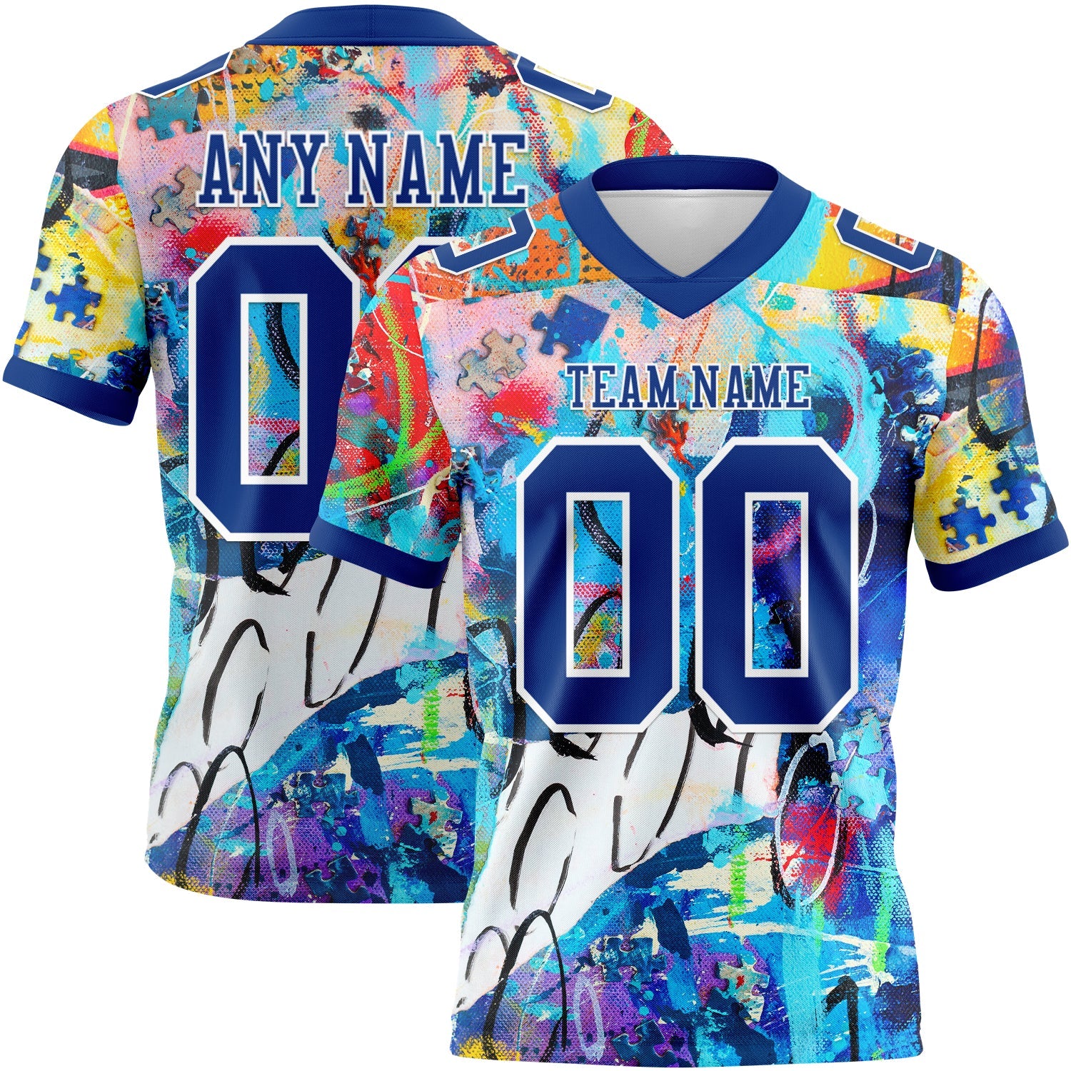 Custom Graffiti Pattern Royal-White 3D Pattern Authentic Football Jersey - Main View