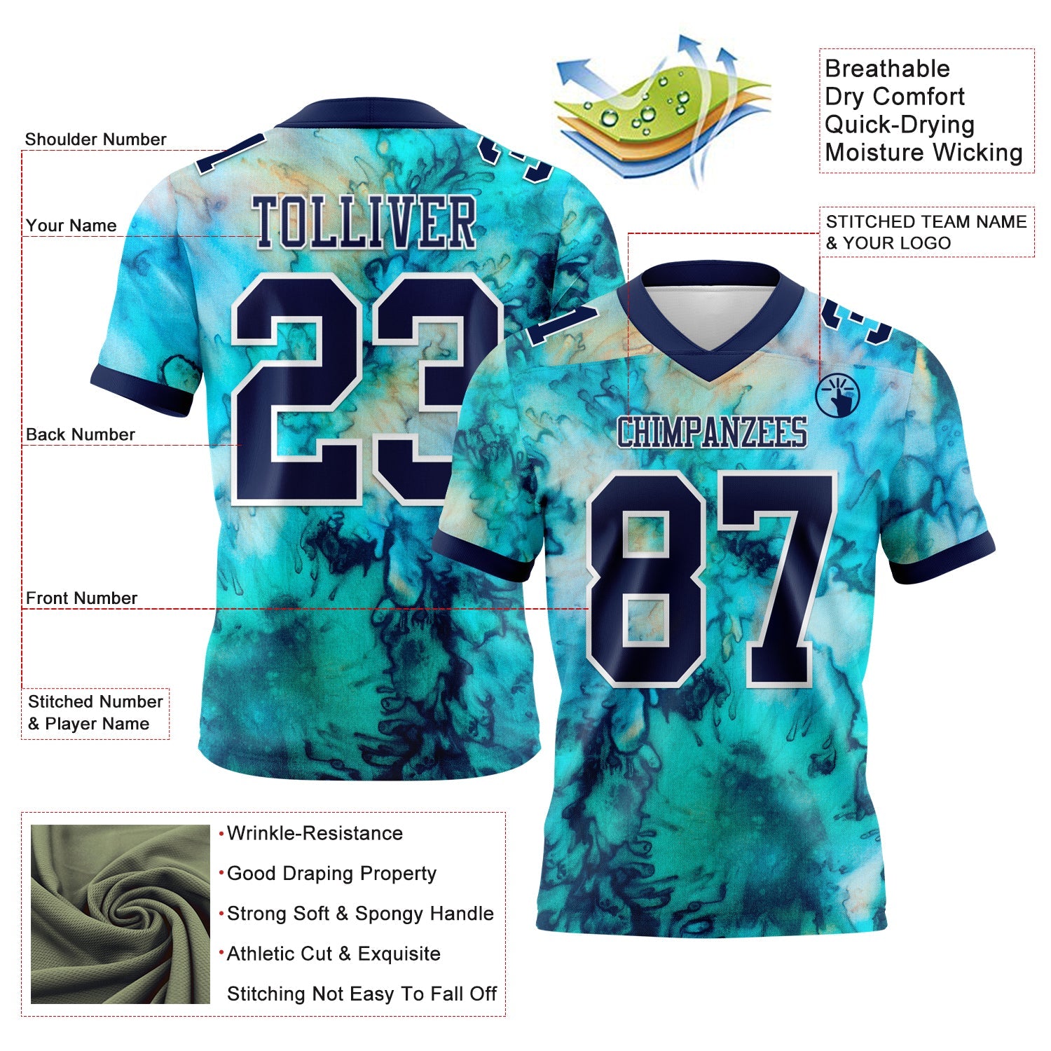 Custom Tie Dye Navy-White 3D Pattern Authentic Football Jersey view 3