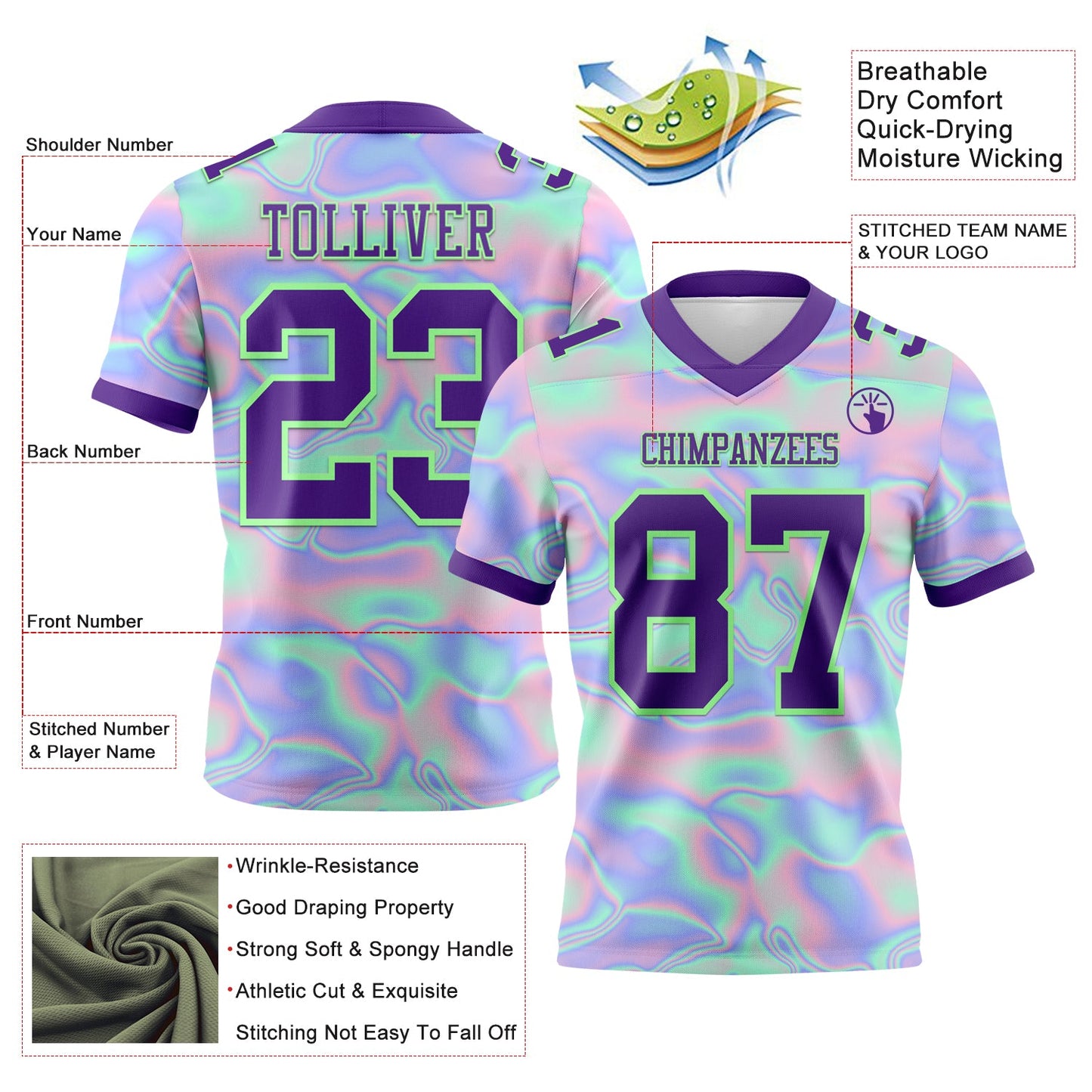 Custom Light Blue Purple-Pea Green 3D Pattern Abstract Trendy Holographic Vaporwave Style Authentic Football Jersey view 3