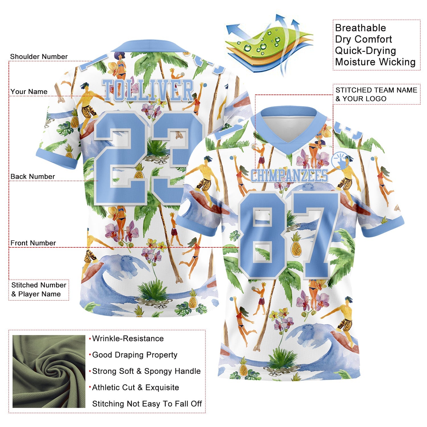 Custom White Light Blue 3D Pattern Beach Hawaii Palm Trees Authentic Football Jersey view 3