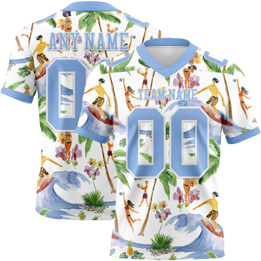 Custom White Light Blue 3D Pattern Beach Hawaii Palm Trees Authentic Football Jersey - Main View