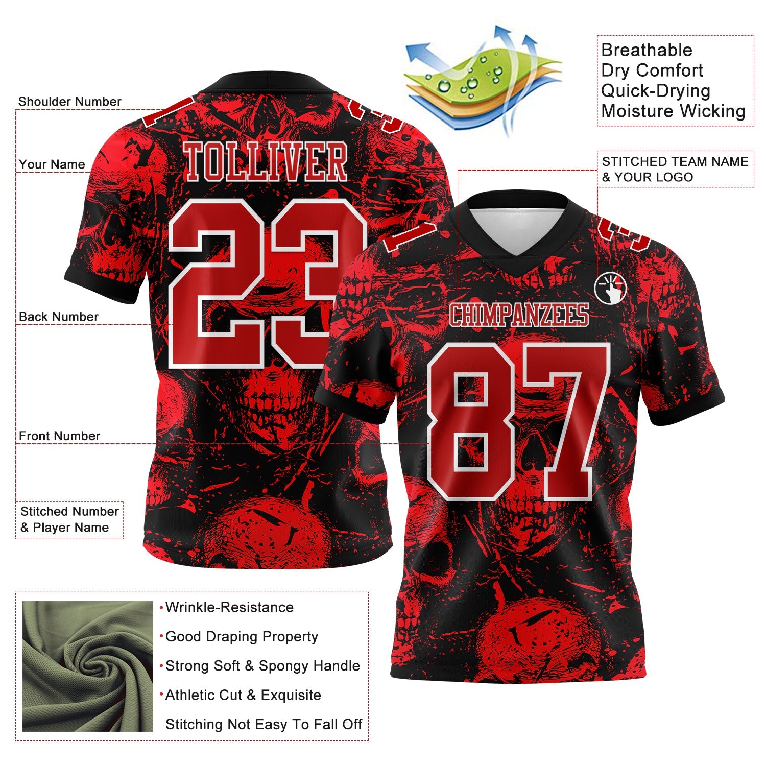 Custom Black Red-White 3D Pattern Halloween Skull Authentic Football Jersey view 3