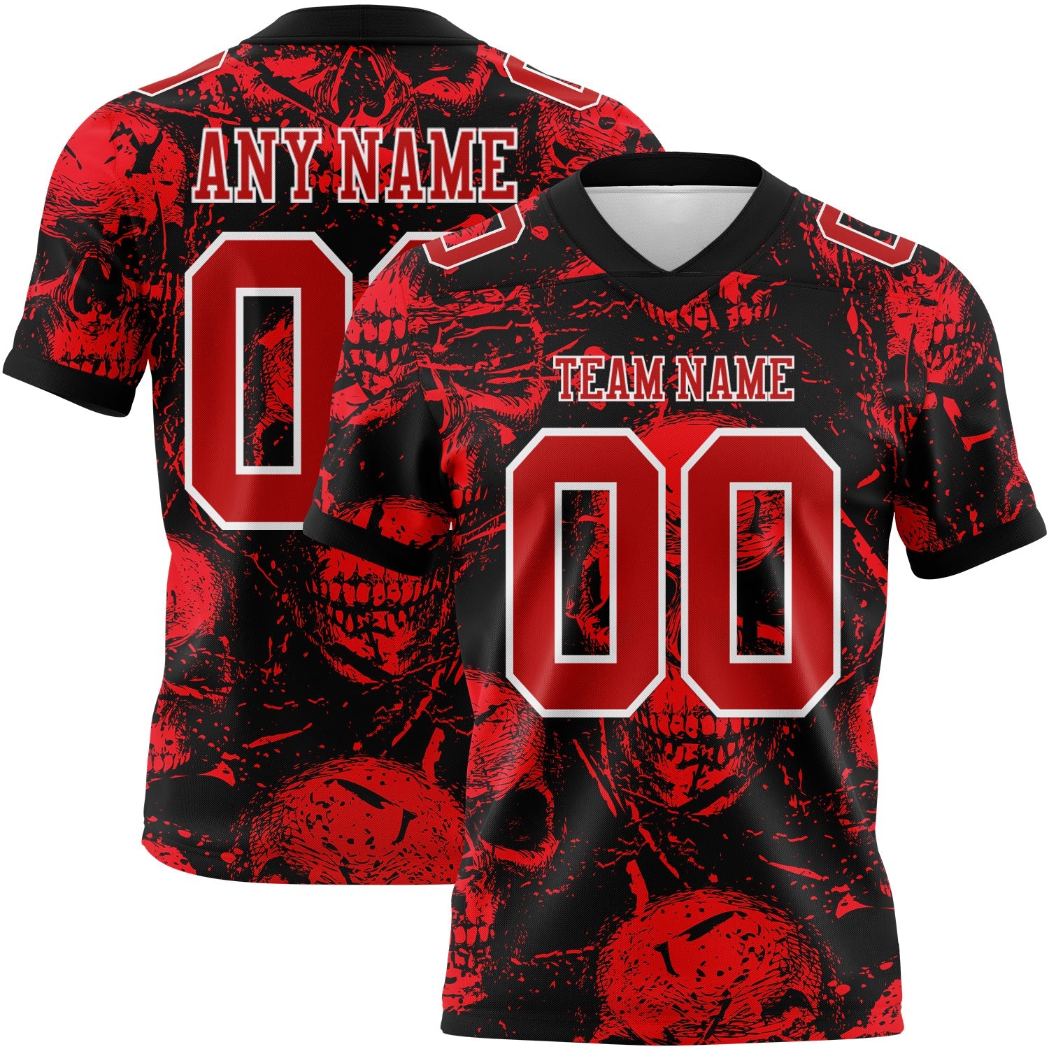 Custom Black Red-White 3D Pattern Halloween Skull Authentic Football Jersey - Main View
