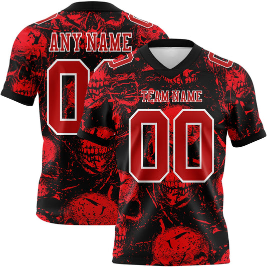 Custom Black Red-White 3D Pattern Halloween Skull Authentic Football Jersey - Main View