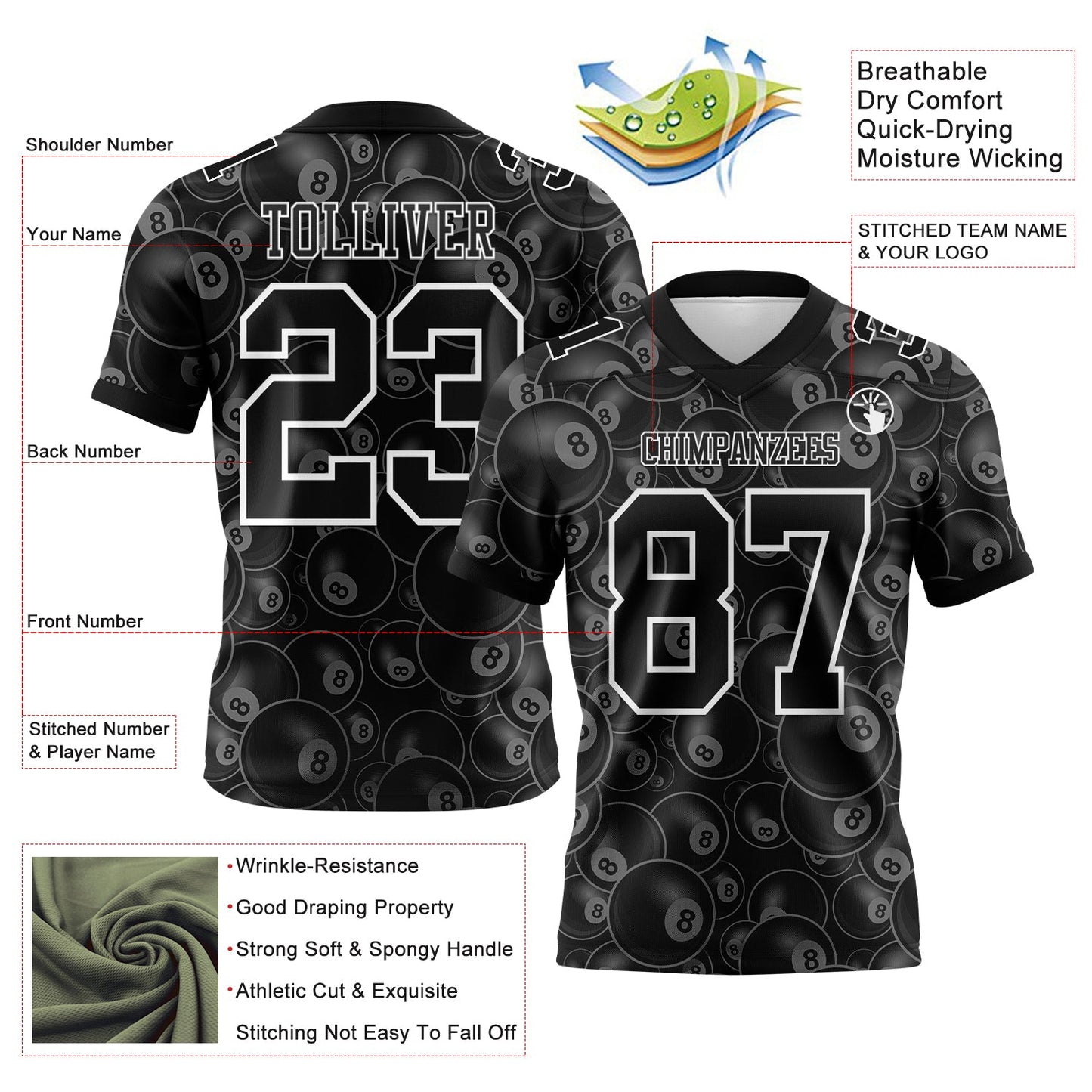Custom Black White 3D Pattern Billiards Snooker 8 Ball Authentic Football Jersey view 3