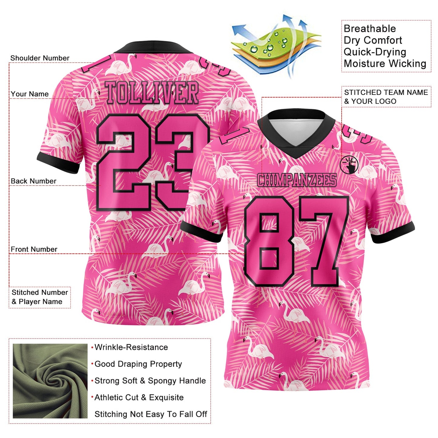 Custom Pink Black 3D Pattern Flamingo Authentic Football Jersey view 3