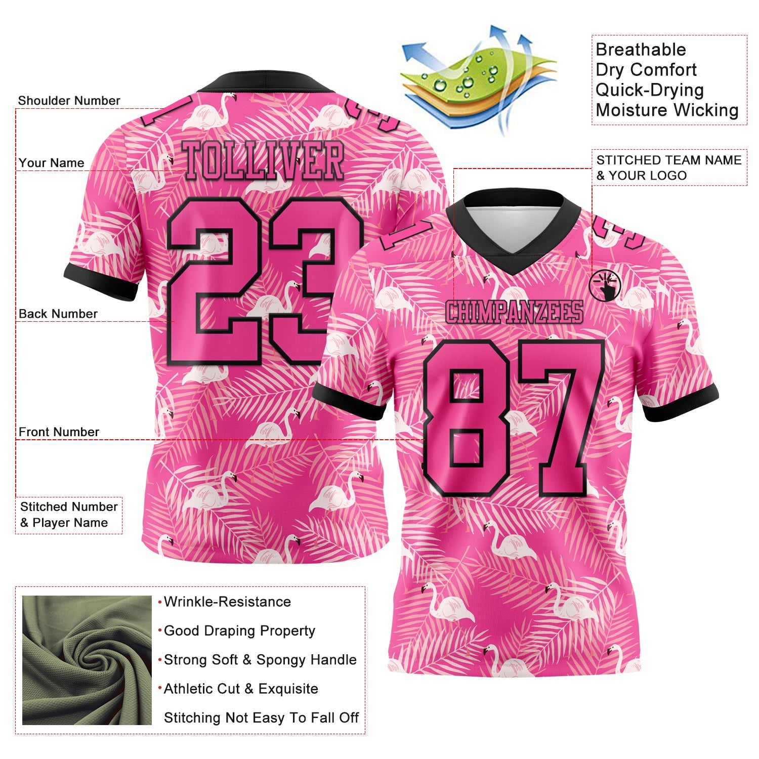 Custom Pink Black 3D Pattern Flamingo Authentic Football Jersey view 3